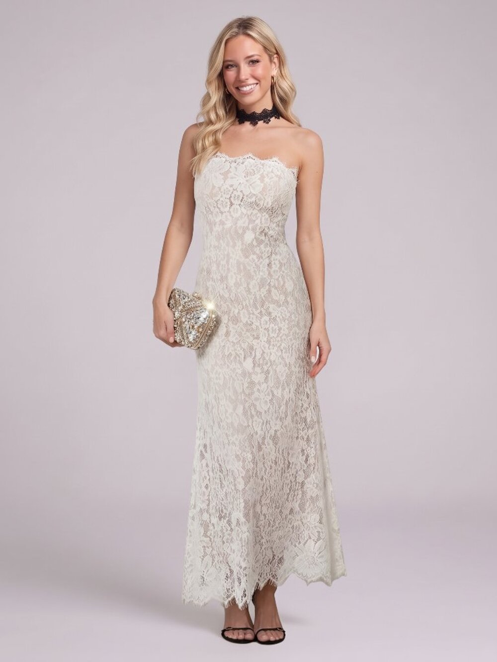 Women's Off White Lace Maxi Dress Strapless Wedding Evening Party Gown
